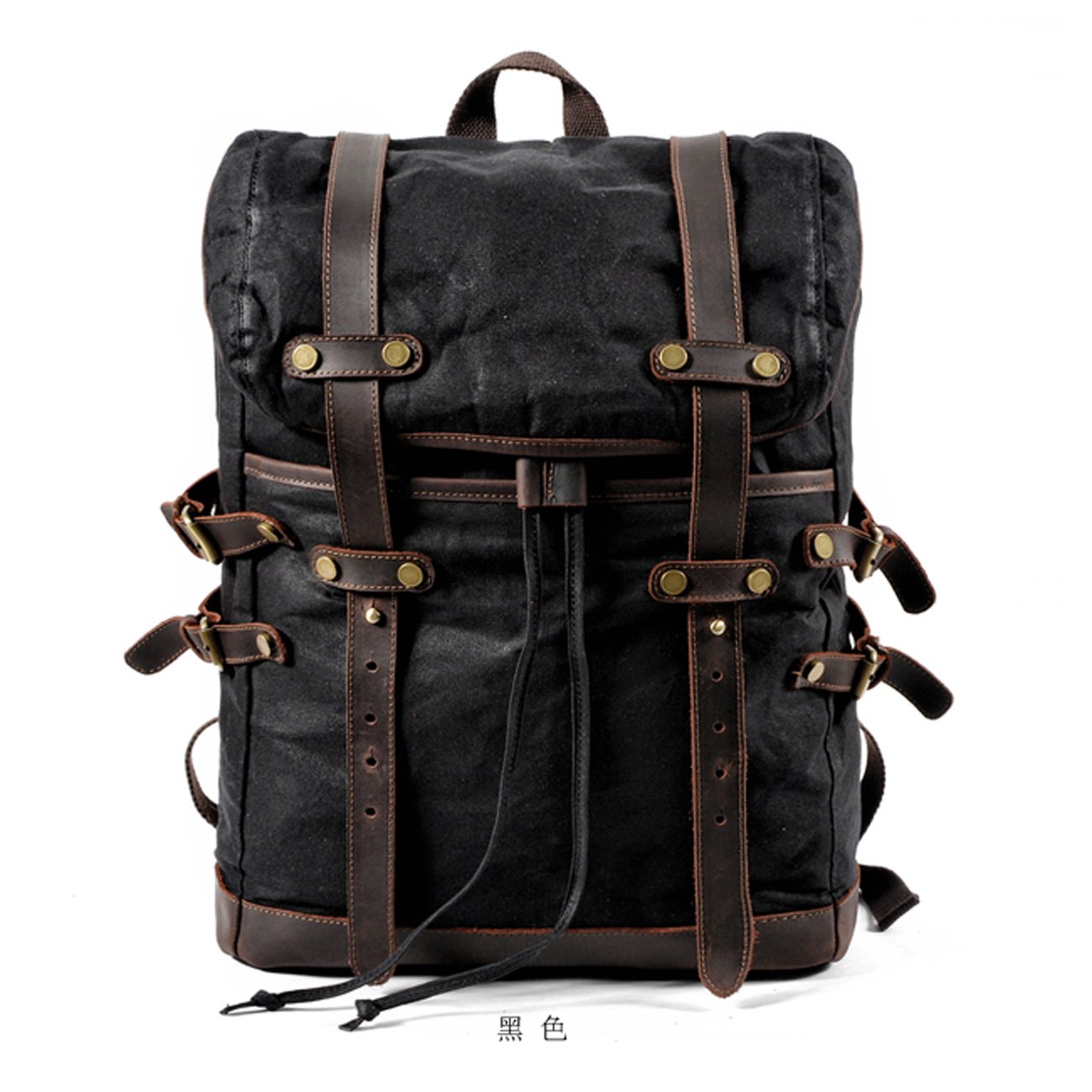 Waxed Canvas Leather Mens 15‘’ Computer Backpack Black Hiking Backpack Travel Backpack for Men