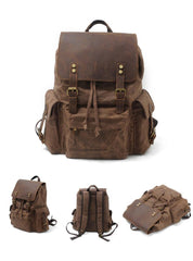 Cool Canvas Leather Mens Waterproof 14'' Computer Backpack Large Hiking Backpack Travel Backpack for Men