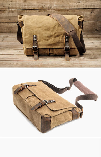 Waxed Canvas Leather Mens Black Waterproof 14‘’ Computer Side Bag Messenger Bag MCCY01591037