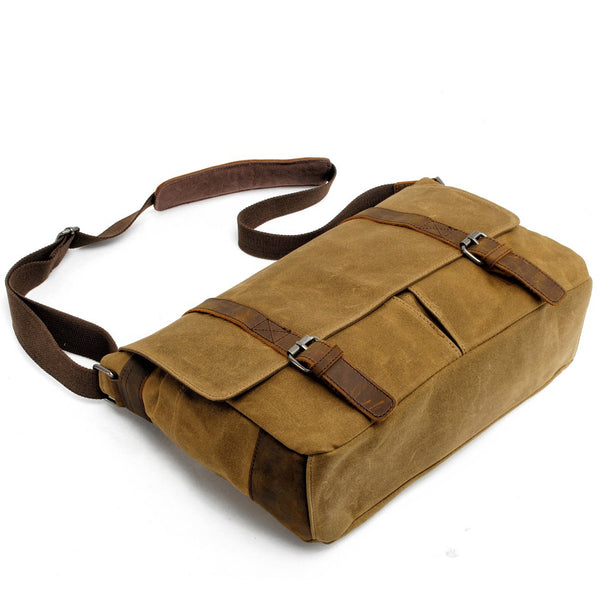 Waxed Canvas Leather Mens Waterproof 14'' Computer Black Side Bag Messenger Bag MCCY01491033