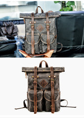 Cool Waxed Canvas Leather Mens Waterproof 16‘’ Large Hiking Backpack Travel Backpack for Men