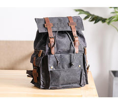 Waxed Canvas Leather Mens Gray Waterproof 15‘’ Large Backpack Travel Backpack College Backpack for Men