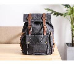 Waxed Canvas Leather Mens Gray Waterproof 15‘’ Large Backpack Travel Backpack College Backpack for Men