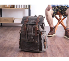 Waxed Canvas Leather Mens Gray Waterproof 15‘’ Large Backpack Travel Backpack College Backpack for Men