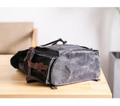 Waxed Canvas Leather Mens Gray Waterproof 15‘’ Large Backpack Travel Backpack College Backpack for Men