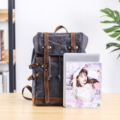 Cool Canvas Leather Mens Womens Dark Gray Backpack Army Green Travel Backpack College Backpack for Men