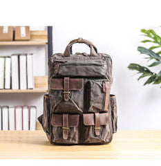 Cool Waxed Canvas Leather Mens Waterproof 15'' Backpack Gray Travel Backpack Hiking Backpack for Men