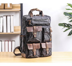 Cool Waxed Canvas Leather Mens Waterproof 15'' Backpack Gray Travel Backpack Hiking Backpack for Men