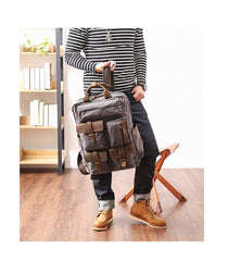 Cool Waxed Canvas Leather Mens Waterproof 15'' Backpack Gray Travel Backpack Hiking Backpack for Men