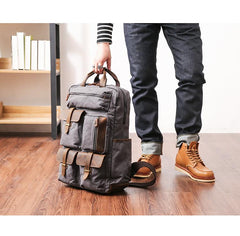 Cool Waxed Canvas Leather Mens Waterproof 15'' Backpack Gray Travel Backpack Hiking Backpack for Men