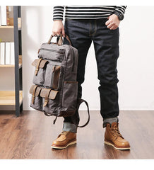 Cool Waxed Canvas Leather Mens Waterproof 15'' Backpack Gray Travel Backpack Hiking Backpack for Men
