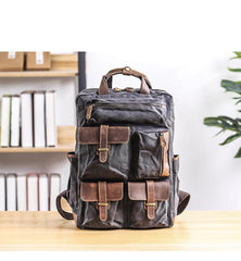 Cool Waxed Canvas Leather Mens Waterproof 15'' Backpack Gray Travel Backpack Hiking Backpack for Men