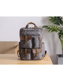 Cool Waxed Canvas Leather Mens Waterproof 15'' Backpack Gray Travel Backpack Hiking Backpack for Men