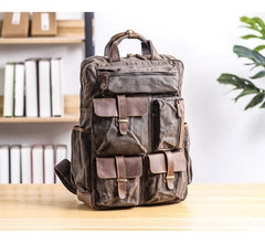 Cool Waxed Canvas Leather Mens Waterproof 15'' Backpack Gray Travel Backpack Hiking Backpack for Men