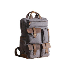 Cool Waxed Canvas Leather Mens Waterproof 15'' Backpack Gray Travel Backpack Hiking Backpack for Men