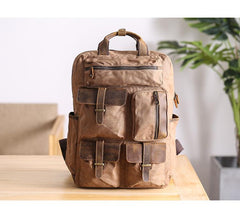 Cool Waxed Canvas Leather Mens Waterproof 15'' Backpack Gray Travel Backpack Hiking Backpack for Men