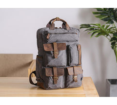 Cool Waxed Canvas Leather Mens Waterproof 15'' Backpack Gray Travel Backpack Hiking Backpack for Men