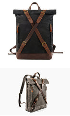 Cool Waxed Canvas Leather Mens 15.6‘’ Black Hiking Backpack Green Travel Backpack for Men