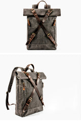 Cool Waxed Canvas Leather Mens 15.6‘’ Black Hiking Backpack Green Travel Backpack for Men