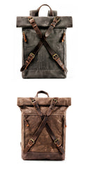 Cool Waxed Canvas Leather Mens 15.6‘’ Black Hiking Backpack Green Travel Backpack for Men