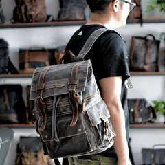 Cool Canvas Mens Vintage Large Black Backpack Computer Khaki Backpack Travel Backpack Hiking Backpackfor Men