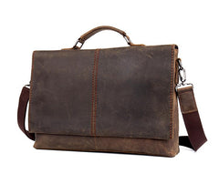 Vintage Dark Brown Leather Mens 15 inches Briefcase Laptop Bag Business Side Bags Work Bag for Men