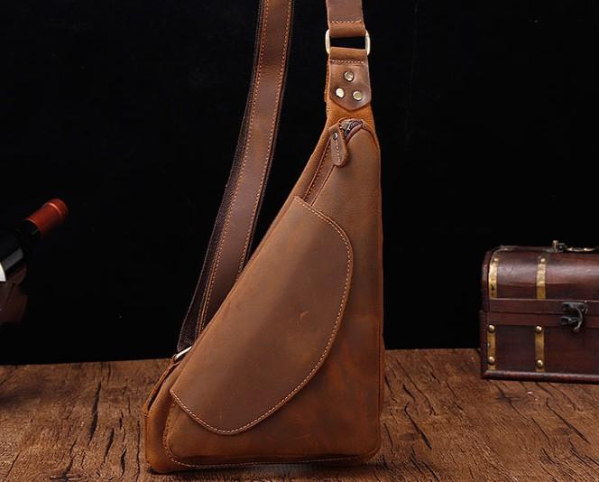 Cool Triangular Leather Mens Sling Bag Chest Bag Sling Crossbody Bag O