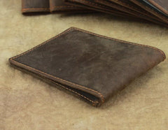 Cool Dark Brown Leather Mens Small Bifold Wallet billfold Wallet License Wallet for Men