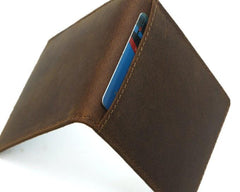 Cool Dark Brown Leather Mens Small Bifold Wallet billfold Wallet License Wallet for Men