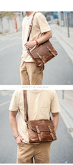 Cool Brown Leather Mens Small Courier Bags Vintage Brown Messenger Bag Postman Bag For Men