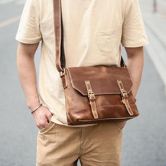 Cool Brown Leather Mens Small Courier Bags Vintage Brown Messenger Bag Postman Bag For Men