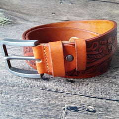 Cool Handmade Brown Floral Tooled Leather Mens Belt Coffee Leather Belts for Men