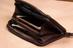 Handmade Leather Mens Long Clutch Wallet Coffee Vintage Zipper Long Wallet for Men
