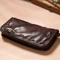 Handmade Leather Mens Long Clutch Wallet Coffee Vintage Zipper Long Wallet for Men