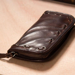 Handmade Leather Mens Long Clutch Wallet Coffee Vintage Zipper Long Wallet for Men