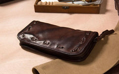 Handmade Leather Mens Long Clutch Wallet Coffee Vintage Zipper Long Wallet for Men