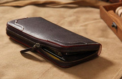 Handmade Leather Long Coffee Mens Clutch Wallet Vintage Zipper Wallet for Men