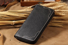 Handmade Cool Leather Black Mens Long Wallet Vintage Zipper Long Wallet for Men