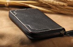 Handmade Cool Leather Black Mens Long Wallet Vintage Zipper Long Wallet for Men