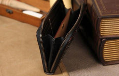 Handmade Cool Leather Black Mens Long Wallet Vintage Zipper Long Wallet for Men