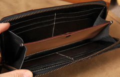 Handmade Cool Leather Black Mens Long Wallet Vintage Zipper Long Wallet for Men