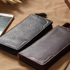Handmade Cool Leather Black Mens Long Wallet Vintage Zipper Long Wallet for Men