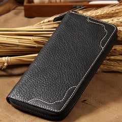 Handmade Cool Leather Black Mens Long Wallet Vintage Zipper Long Wallet for Men