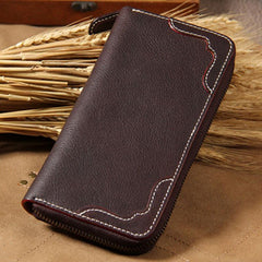 Handmade Cool Leather Black Mens Long Wallet Vintage Zipper Long Wallet for Men