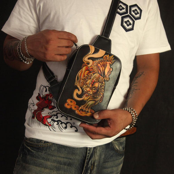 Cool Handmade Tooled Leather Tang Lion Sling - Back View