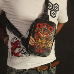 Cool Handmade Tooled Leather Tang Lion Sling Bag Chest Bag One Shoulder Backpack For Men