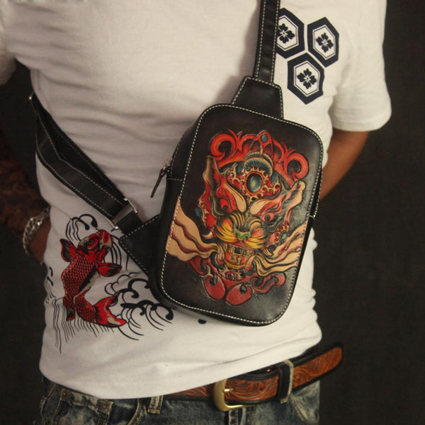 Cool Handmade Tooled Leather Brave Troops Sling - Back View