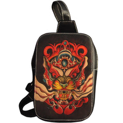 Cool Handmade Tooled Leather Tang Lion Sling Bag Chest Bag One Shoulder Backpack For Men