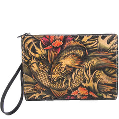 Cool Handmade Tooled Leather Pisces Clutch Wallet Wristlet Bag Clutch Purse For Men