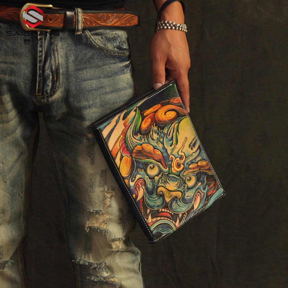 Cool Handmade Tooled Leather Tan Chinese Lion Clutch Wallet Wristlet Bag Clutch Purse For Men
